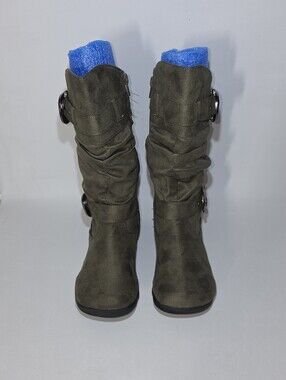 Annie Olive Green Girls Tall Buckle Boots